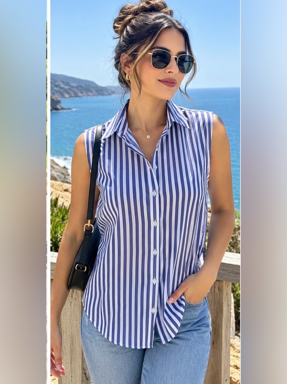 Banana Republic Navy and White Sleeveless Striped Button-Down Shirt